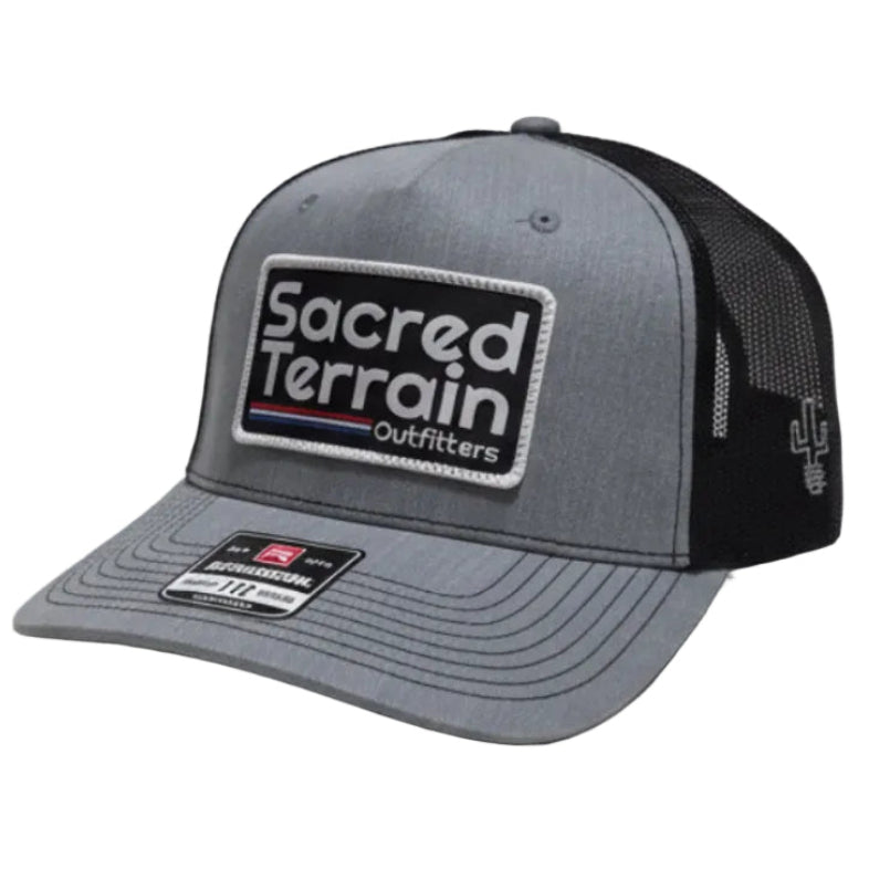 Gray and black cap with branding on a white background