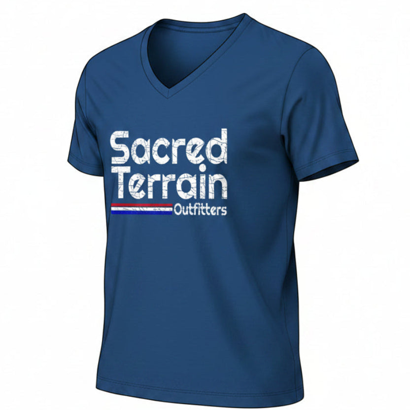 Retro Sacred Terrain Outfitters Women's V-Neck Tee — Outdoor Adventure Graphic Shirt
