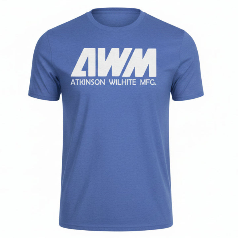 Blue t-shirt with white 'AWM Atkinson Wilhite Mfg.' logo on a white background