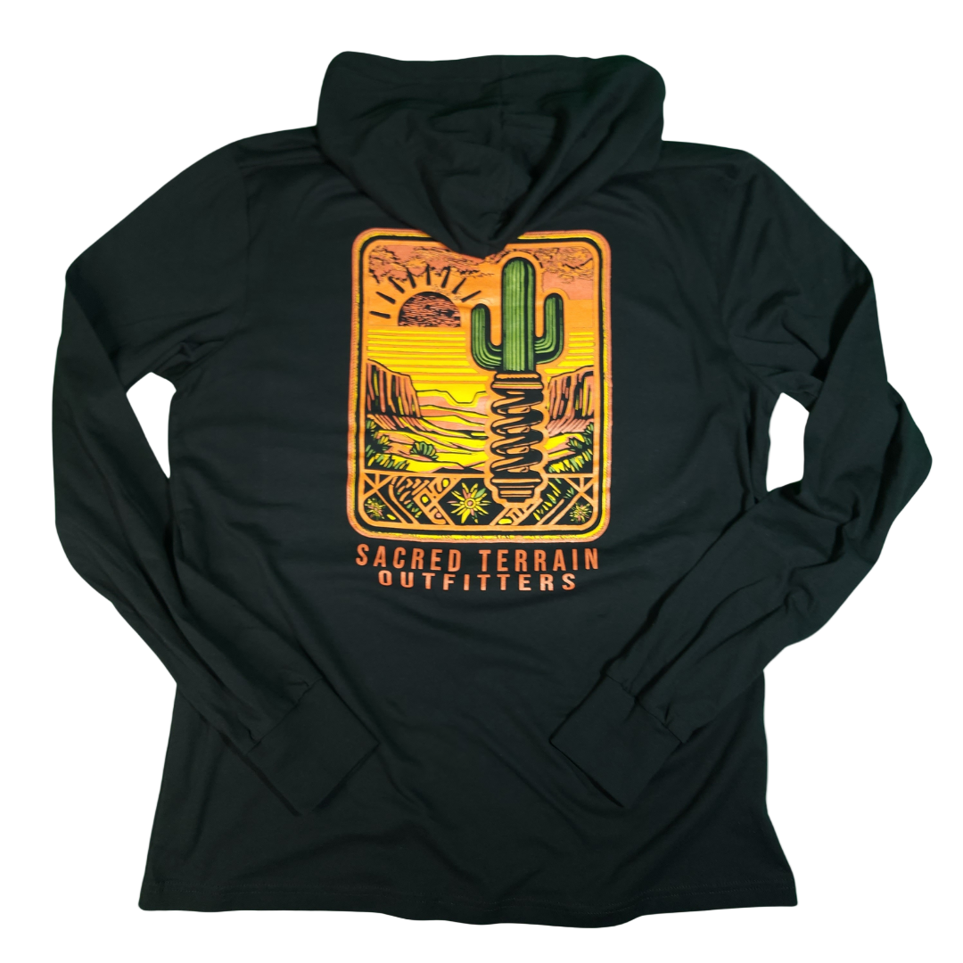 Black hoodie with a cactus design and 'Sacred Terrain Outfitters' text on a gray background