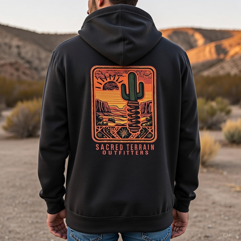 Person wearing a black hoodie with a desert-themed design and 'Sacred Terrain Outfitters' text, standing in a desert landscape.