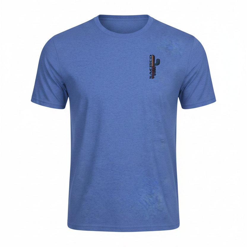Blue t-shirt with a small graphic on the chest against a white background