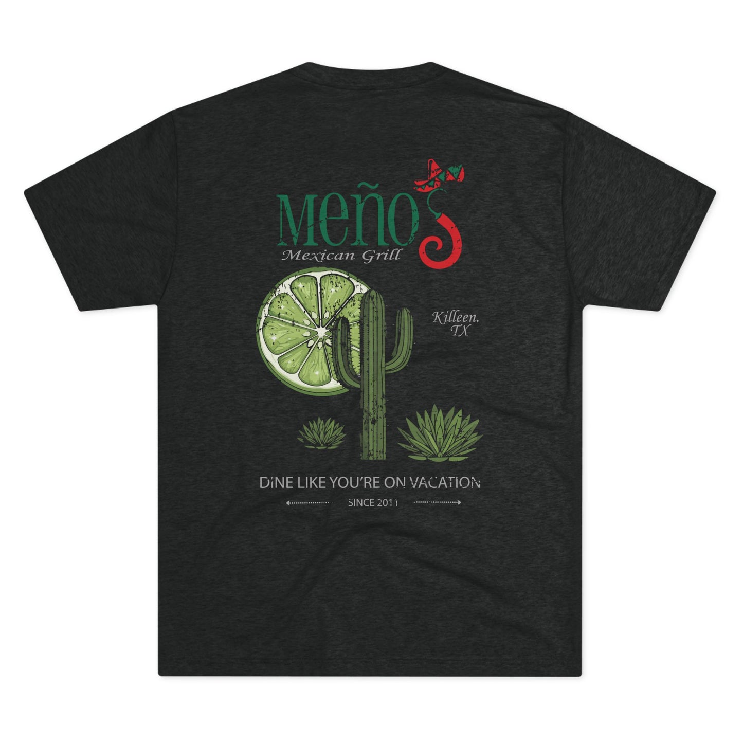 Meños Mexican Grill T‑Shirt — 'Dine Like You're On Vacation' Cactus & Lime Tee