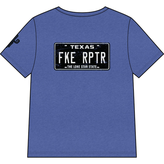 Texas License Plate 'FKE RPTR' V-Neck Tee — Humorous Stranger Things-Inspired Women's Shirt