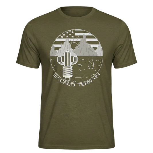 Green t-shirt with a cactus and desert design on a white background