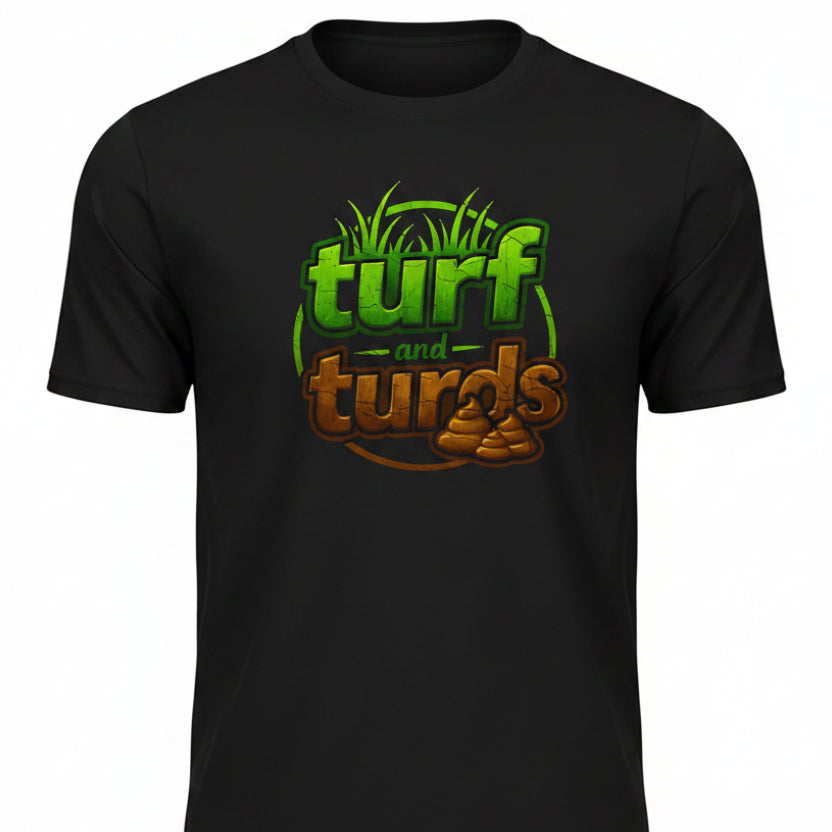 Black t-shirt with 'turf and turds' graphic design on a white background