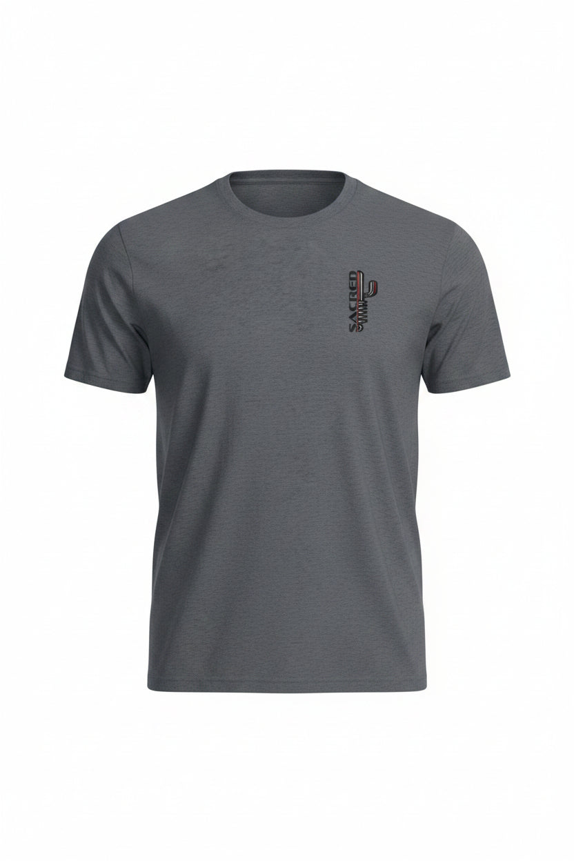 Gray t-shirt with a small logo on the chest against a white background