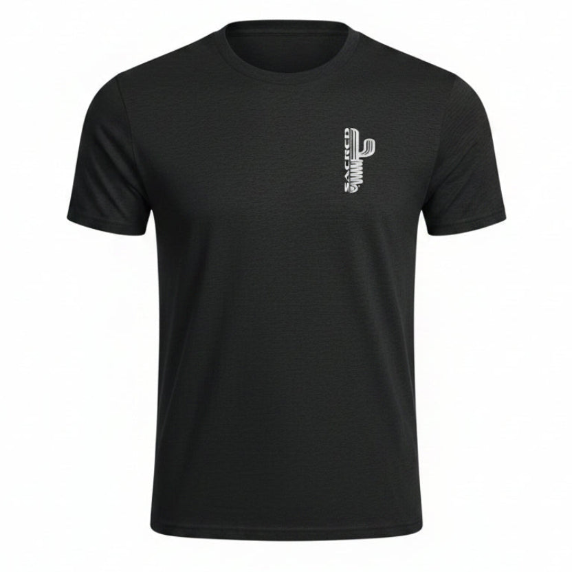 Black t-shirt with a white logo on a white background
