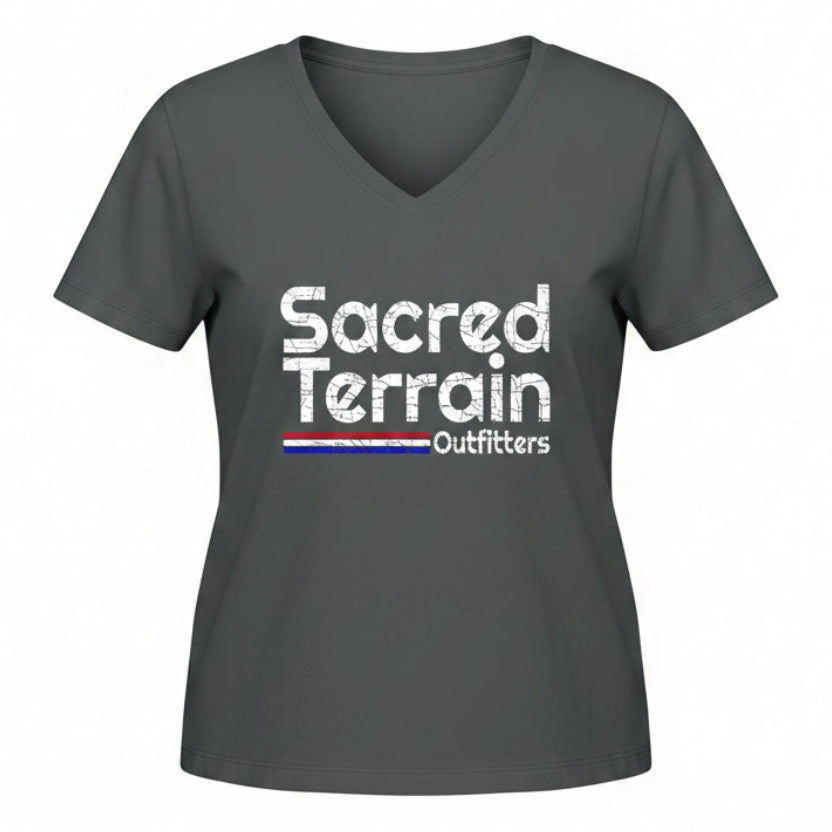 Gray t-shirt with 'Sacred Terrain Outfitters' logo on a white background