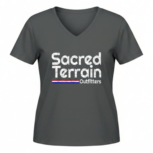 Gray t-shirt with 'Sacred Terrain Outfitters' logo on a white background