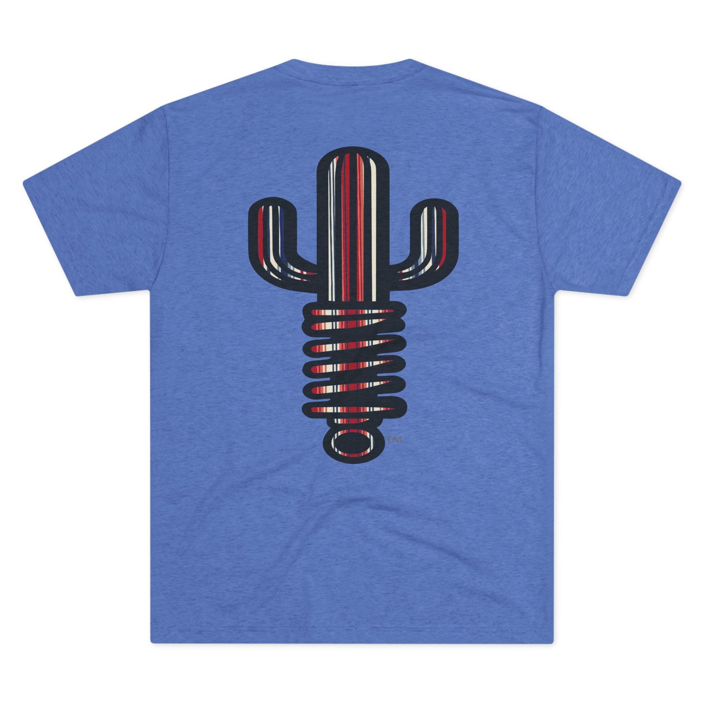 Blue t-shirt with a cactus-shaped graphic on the back against a white background