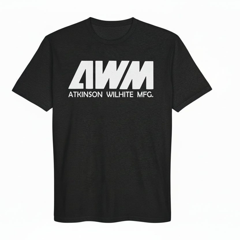 Black t-shirt with white 'AWM Atkinson Wilhite MFG.' logo on a white background