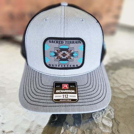 Navajo Stitches 112 Richardson Snapback - Light Grey with Turquoise Saguaro Logo
