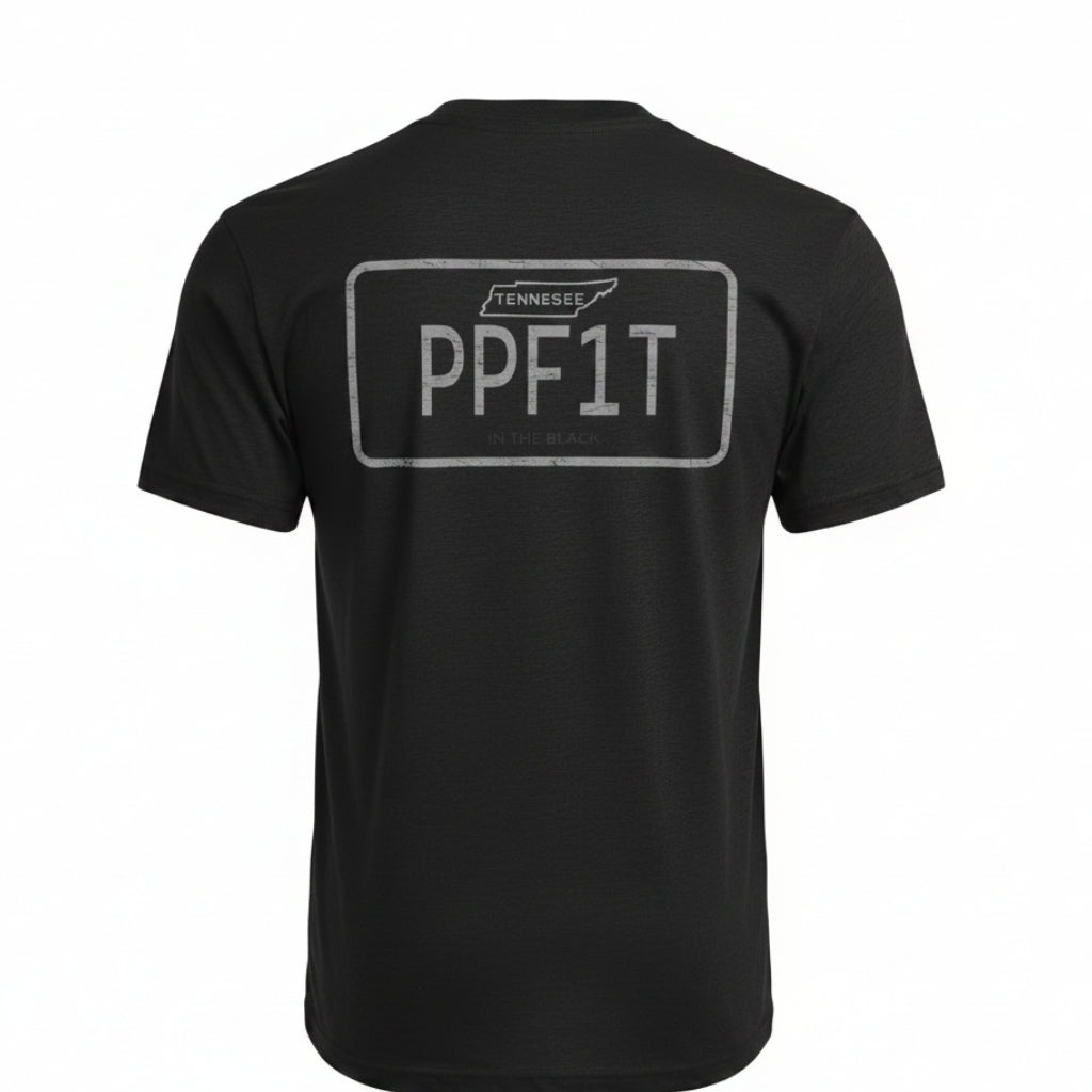 Black t-shirt with 'PPF1T' and 'Tennessee' text on the back against a white background