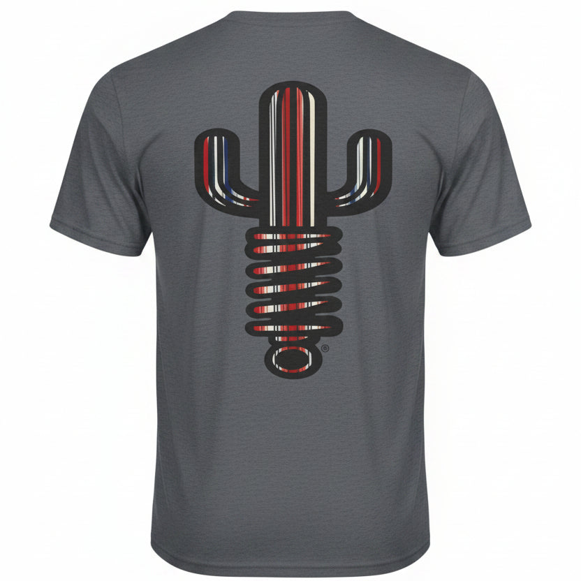 Gray t-shirt with a colorful cactus design on the back against a white background