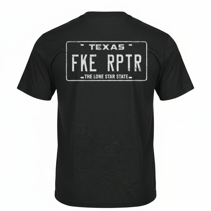Black t-shirt with Texas license plate design on the back