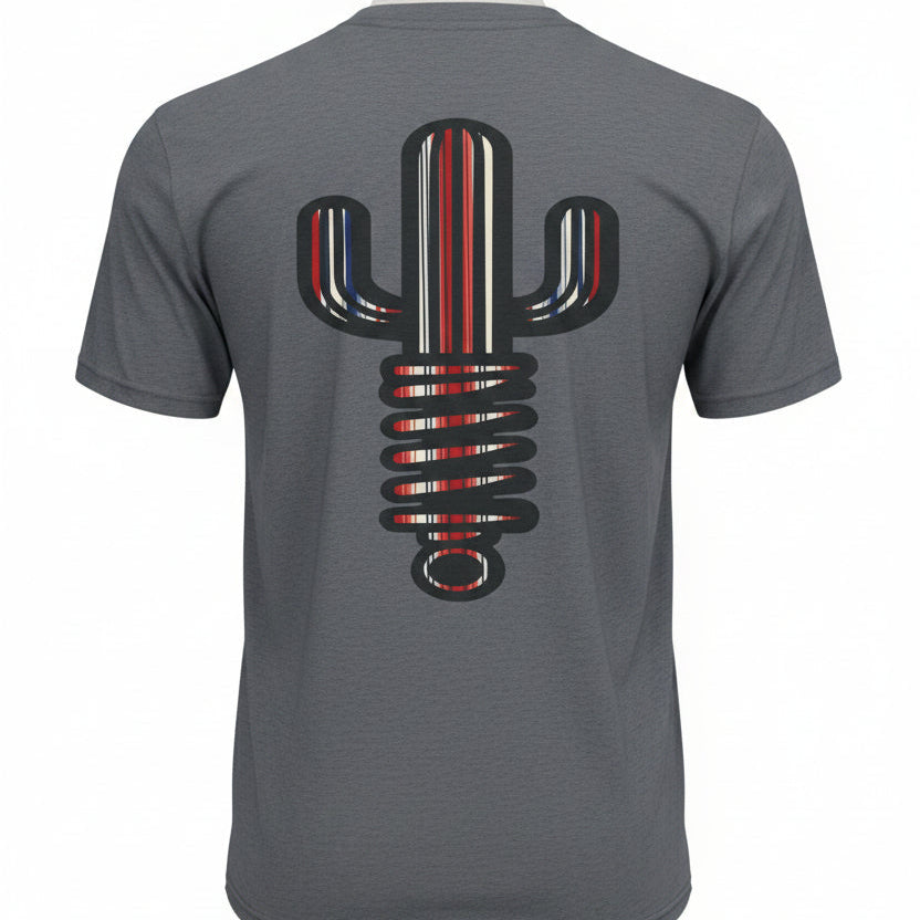 Gray t-shirt with a colorful cactus design on the back against a white background