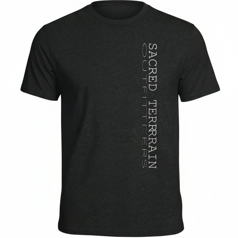 Black t-shirt with 'Sacred Terrain Outfitters' text on a white background
