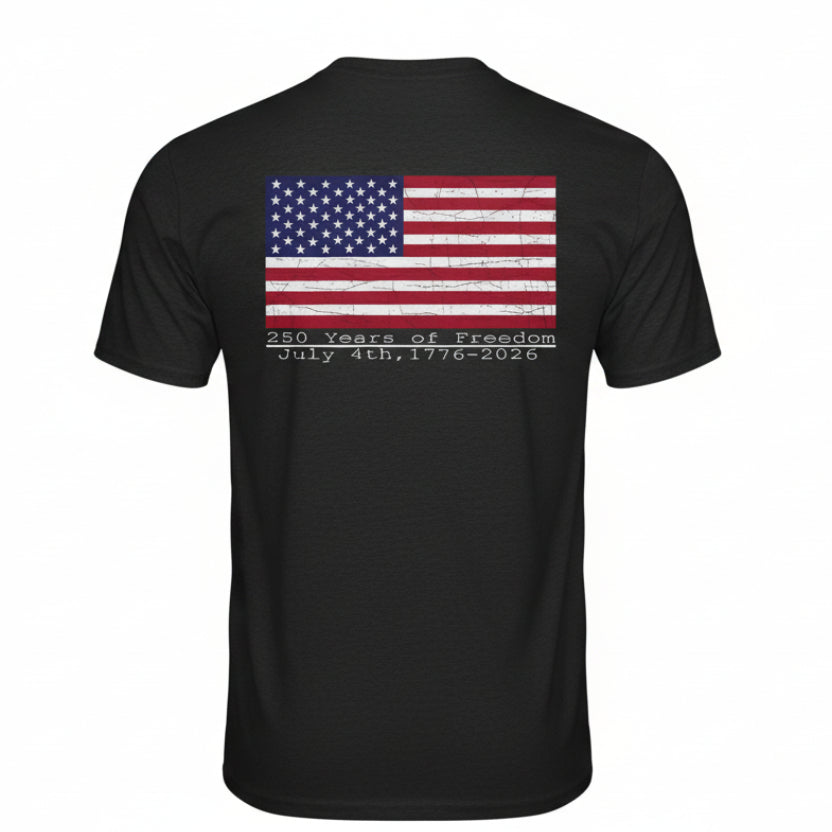 Black t-shirt with American flag design on the back, celebrating 250 years of freedom.