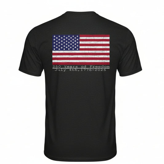 Black t-shirt with American flag design on the back, celebrating 250 years of freedom.