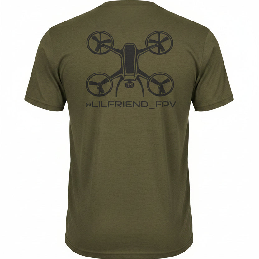 Green t-shirt with a black drone graphic and text on the back, on a white background