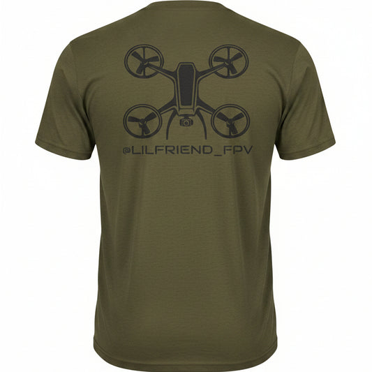Green t-shirt with a black drone graphic and text on the back, on a white background