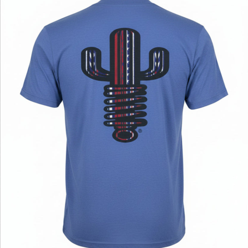 Blue t-shirt with a unique design on the back against a white background