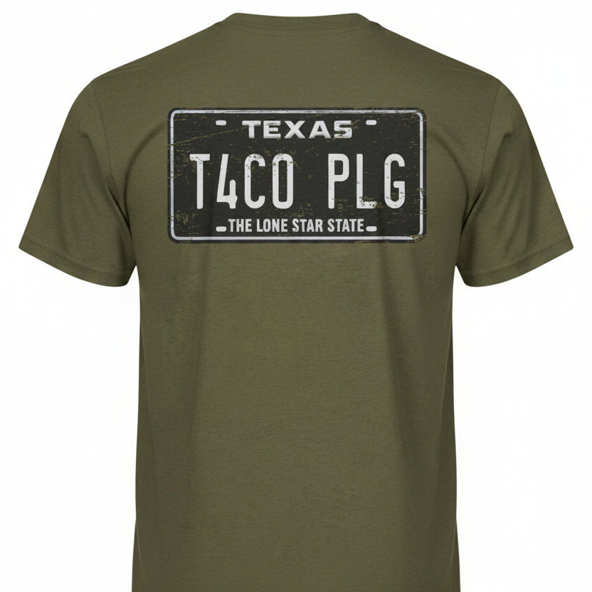 Texas Taco Flag Tee — 'T4CO PLG' License Plate Cactus Graphic