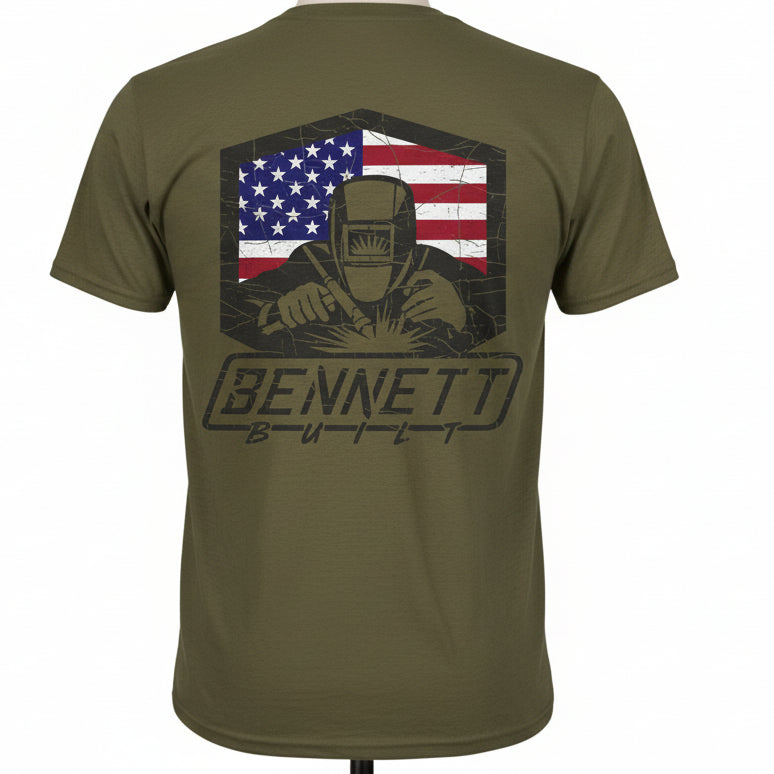 Green t-shirt with American flag and welding graphic on a white background