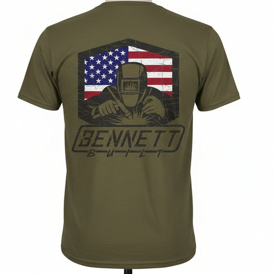 Green t-shirt with American flag and welding graphic on a white background