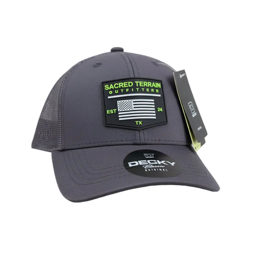 Gray Decky capand Sacred Terrain Outfitters label via pvc patch
