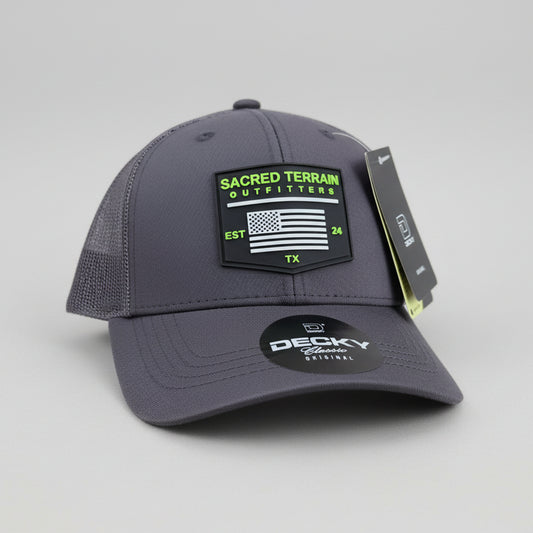 Gray Decky capand Sacred Terrain Outfitters label via pvc patch