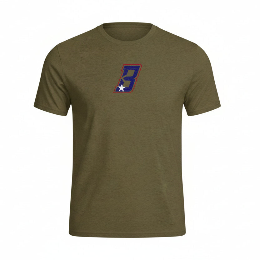 Olive green t-shirt with a small logo on the chest against a white background