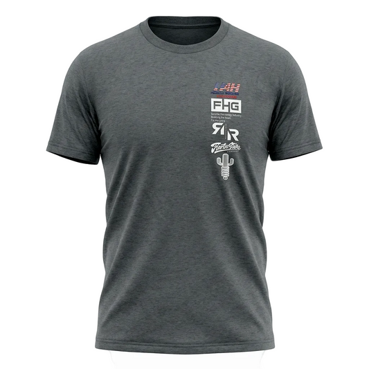 Gray t-shirt with branding and graphics on a white background