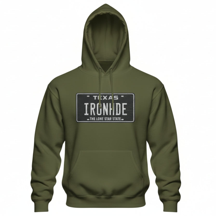 Green hoodie with 'Texas Ironhide' design on a white background