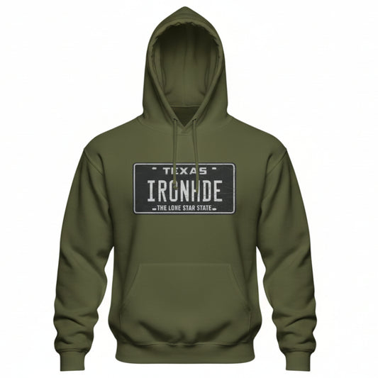 Green hoodie with 'Texas Ironhide' design on a white background