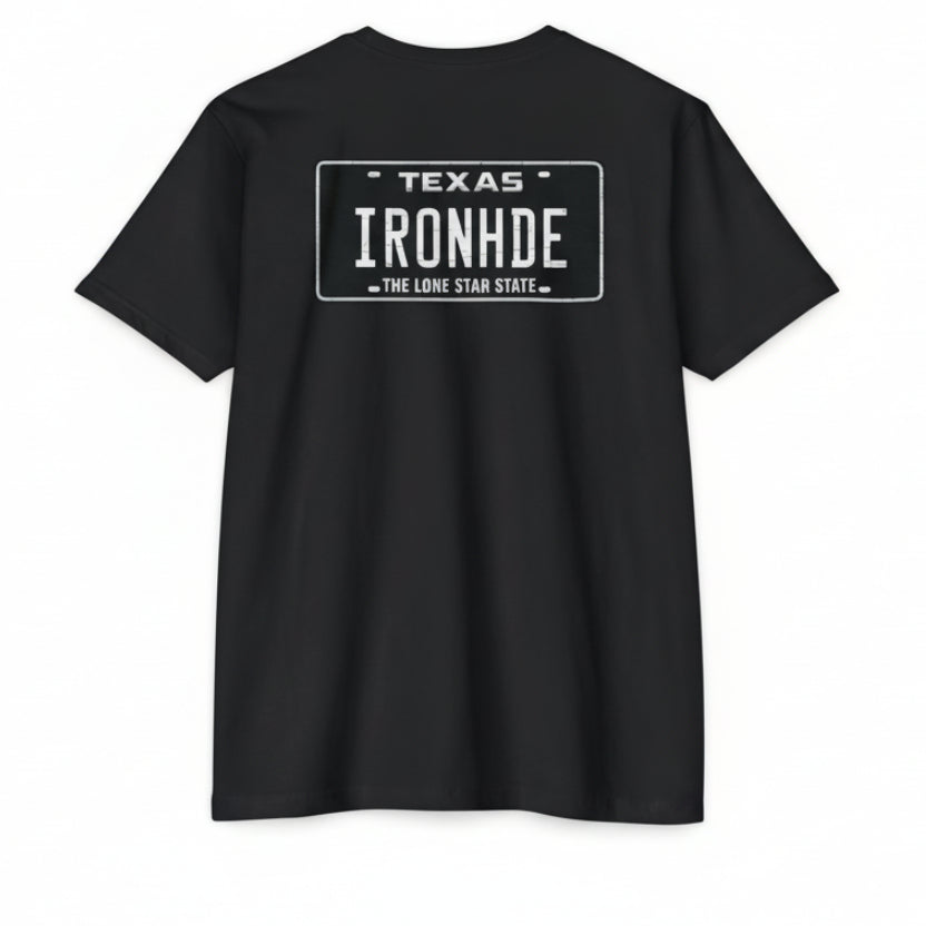 Black t-shirt with 'Texas Ironhide' text on a white background