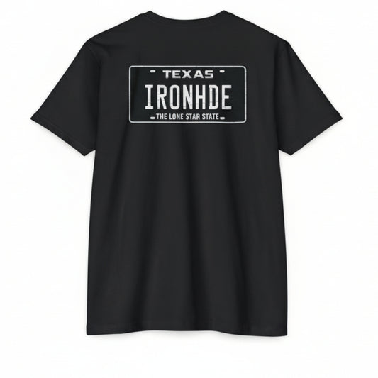 Black t-shirt with 'Texas Ironhide' text on a white background