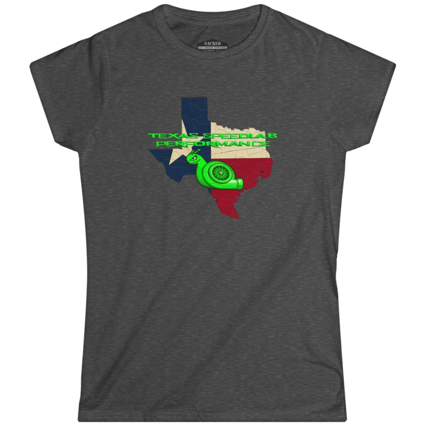 Gray t-shirt with Texas-themed graphic and 'Texas Speed Lab Performance' text on a white background