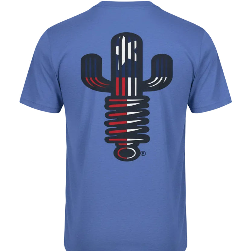 Blue t-shirt with a black and red graphic design on the back against a white background