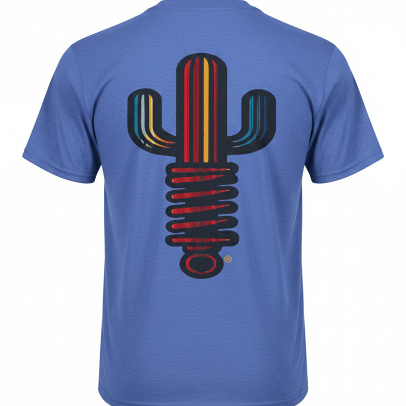 Blue t-shirt with a colorful cactus design on the back against a white background