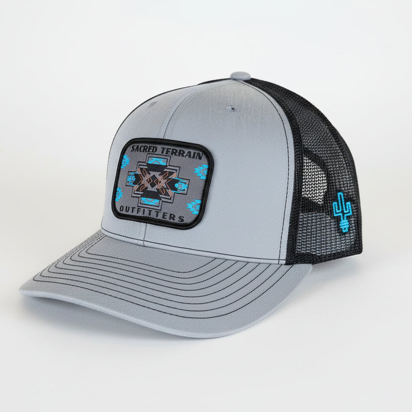 Navajo Stitches 112 Richardson Snapback - Light Grey with Turquoise Saguaro Logo