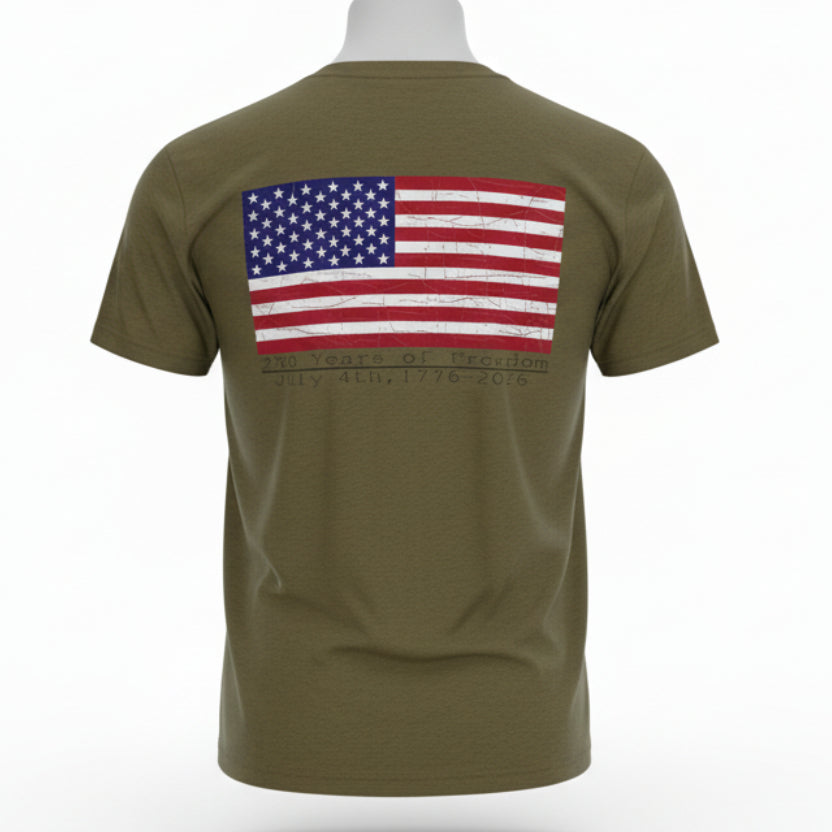 Olive green t-shirt with American flag design on the back