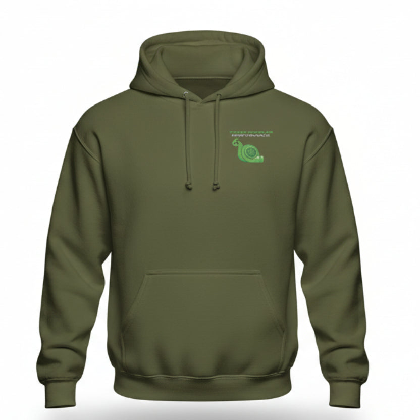 Green hoodie with a small logo on the chest against a white background