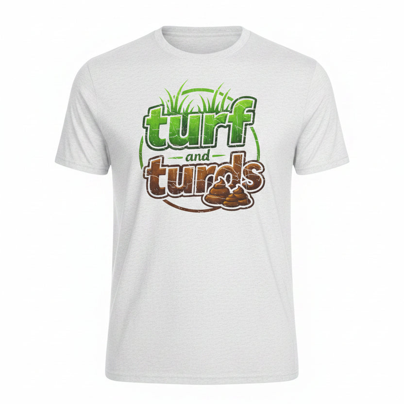 White t-shirt with 'turf and turds' graphic design on a white background
