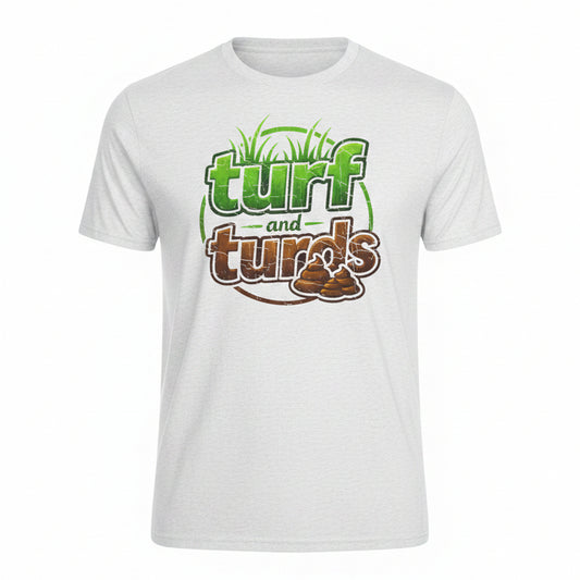 White t-shirt with 'turf and turds' graphic design on a white background