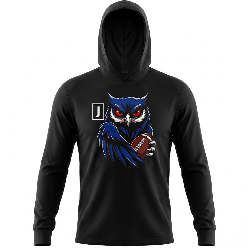 Joshua Football Hooded Long Sleeve Tee — Owl Mascot Graphic