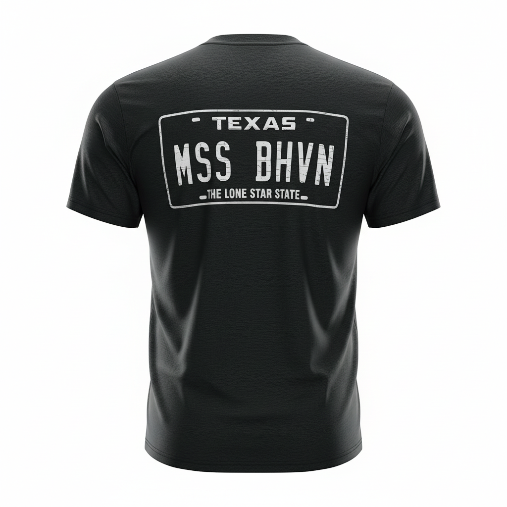 Texas License Plate 'MSS BHVN' T‑Shirt — Rustic Cactus Graphic Tee
