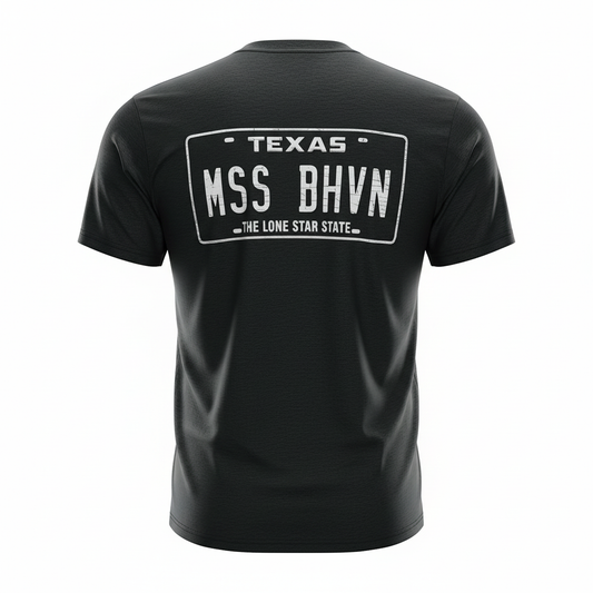 Texas License Plate 'MSS BHVN' T‑Shirt — Rustic Cactus Graphic Tee