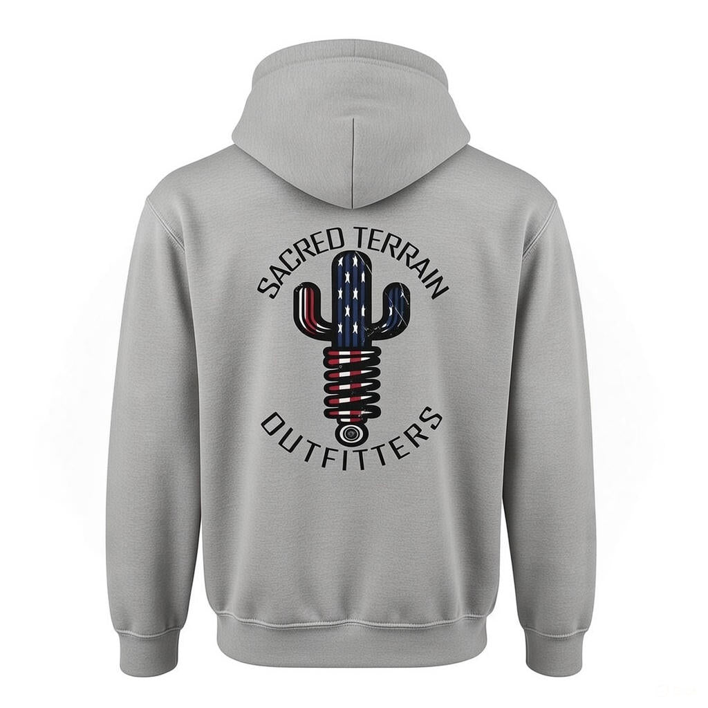 Distressed US Flag Saguaro Logo Hooded Sweatshirt - Sacred Terrain Outfitters